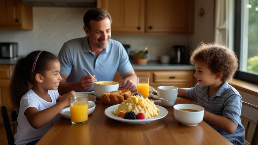 A family of four enjoys breakfast together at a wooden table in their cozy kitchen. In the center is a plate of fluffy scrambled eggs with cottage cheese. Surrounding the plate are ingredients and elements: a bowl of cottage cheese, slices of whole-grain toast, a bowl of mixed berries, glasses of orange juice, and cups of coffee.
