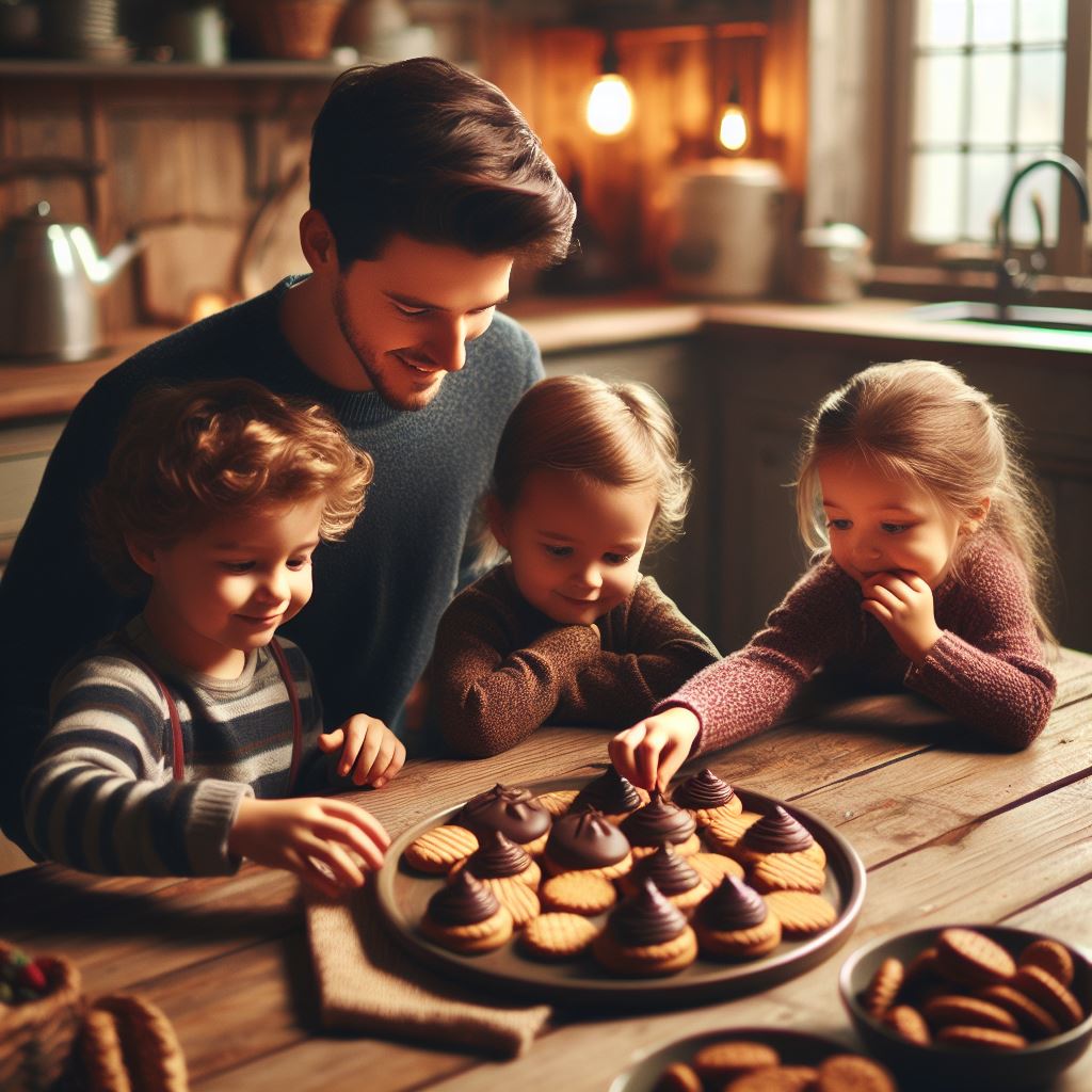 A family of three children sit around a wooden table in a warmly lit kitchen. The eldest child selects a chocolate-dipped cookie while their younger siblings eagerly reach for their own. A proud parent watches with joy as their family enjoys this moment of togetherness.