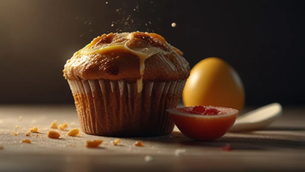 A vibrant and imaginative arrangement that perfectly captures the spirit of a recipe for breakfast muffins. Under dramatic lighting, a variety of ingredients—including eggs, flour, veggies, and herbs—appear to be floating through the air. Using Octane Render technology, the scene is produced in high-resolution detail with Kodak 70mm quality, producing breathtaking 8K HD graphics. The picture entices readers to discover the world of homemade breakfast delicacies by evoking feelings of enthusiasm and culinary expertise.