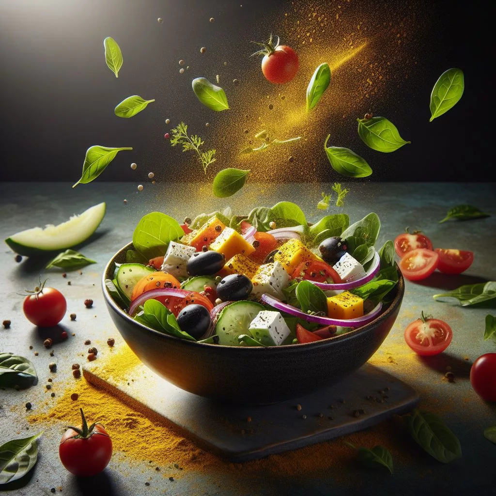 Greek Salad with flying curry leaves, creative composition, dramatic lighting, kodak 70mm, octane render, 8K, HD